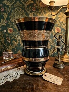 Antique Art Deco De Rupel Boom Belgium Hyalite Black Glass Vase Gold Gilded